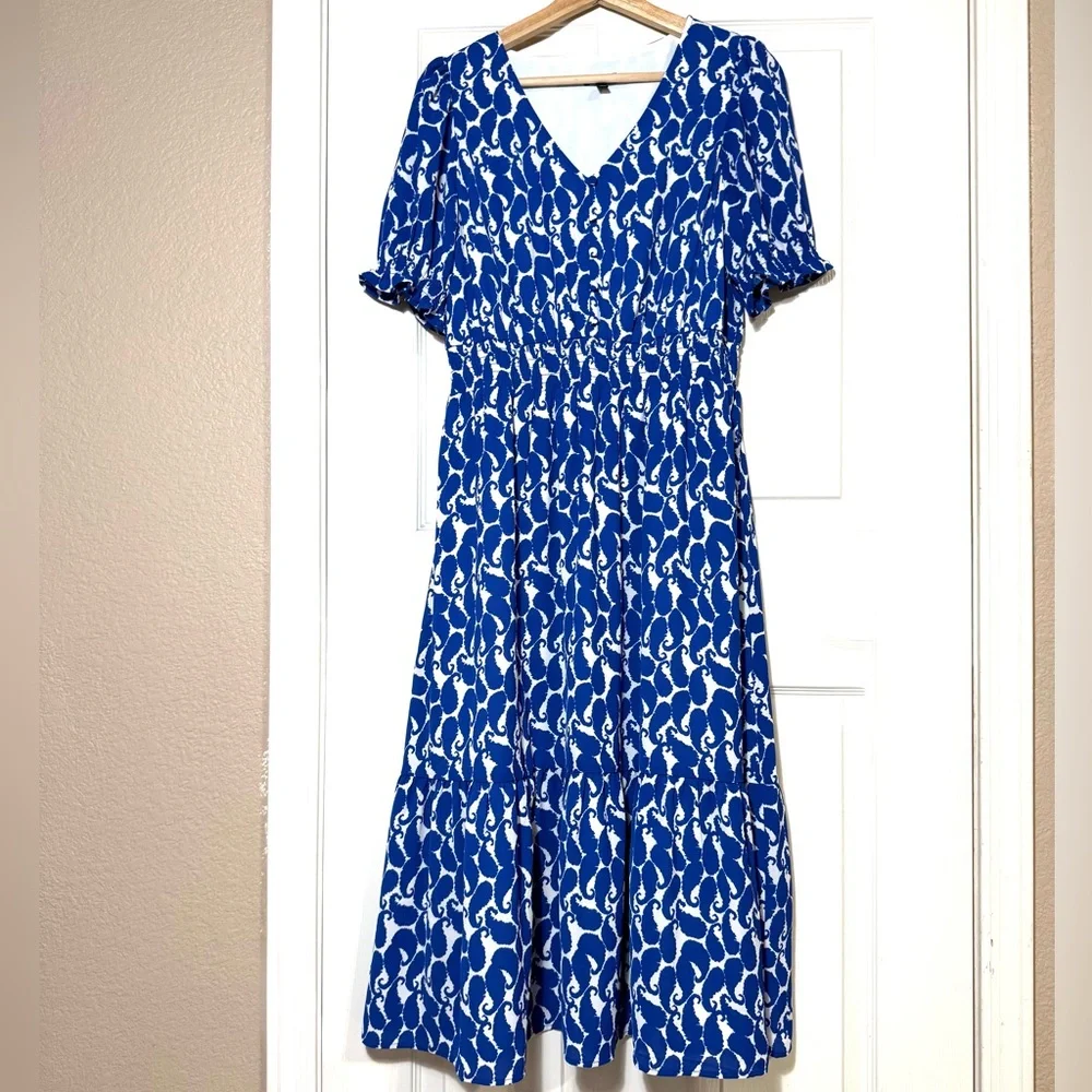 Talbots Size 8 Blue and White Midi Dress Romantic Casual Coastal Butterfly Fairy - Picture 3 of 11